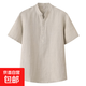 夏季復古棉麻布上衣服無(wú)領(lǐng)休閑短袖襯衣外套薄款圓領(lǐng)亞麻襯衫男 亞麻色 3XL