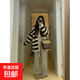 中長(cháng)款針織開(kāi)衫外套女秋冬寬松條紋毛衣韓版顯瘦慵懶風(fēng)學(xué)生小個(gè)子 黑杏條紋 均碼 【80-140斤】
