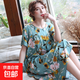 韓版加長(cháng)款棉綢睡裙女士短袖加大碼睡衣夏季人造棉寬松舒適居家服 綠金葉 均碼  縮水后90-190斤可穿