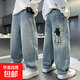 潮范兒童牛仔褲春秋新款直筒軟男童褲子中大童卡通長(cháng)褲薄2025帥氣 【綠色一個(gè)小人】 140 適合身高125-135厘米
