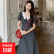 復(fù)古赫本風(fēng)波點(diǎn)連衣裙女夏季百搭V領(lǐng)抽繩氣質(zhì)花邊收腰連衣裙J970 灰色 M （110斤以?xún)?nèi)）