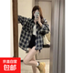 美式復古格子襯衫女春季2025新款設計感寬松長袖襯衣外套 藏青色 XL