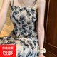 法式玫瑰印花系帶吊帶連衣裙女夏季2025新款度假風(fēng)褶皺收腰長(cháng)裙子 水墨黑 XL