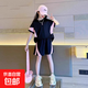 女童速干運動(dòng)套裝夏季2025新款洋氣大兒童學(xué)生短袖短褲夏天兩件套 QY-1050【黑色套裝】 160