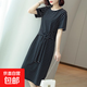 連衣裙女夏季2025新款寬松大碼胖MM減齡遮肚氣質(zhì)中長(cháng)款條紋T恤裙 黑色 S 【建議80-100斤】
