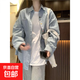設計感彩扣藍色條紋長(cháng)袖襯衫女開(kāi)春上衣2025新款寬松撞色外套襯衣 藍色 XL 建議115-130斤