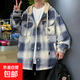 大碼工裝格子外套男款秋冬季2025連帽衣服大童青少年學(xué)生帥氣夾克 藍色 2XL