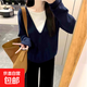 慵懶風(fēng)軟糯V領(lǐng)藏青色假兩件針織衫女秋冬學(xué)院風(fēng)氣質(zhì)寬松毛衣上衣 藏青色 2XL 建議130-150斤