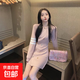 小個(gè)子v領(lǐng)修身毛衣打底包臀短裙子秋冬長(cháng)袖收腰小香風(fēng)針織連衣裙 粉色 均碼