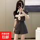 【兩件套】高級感小洋裝短褲套裝女夏裝學(xué)院風(fēng)氣質(zhì)顯瘦女裝D1692 灰色 S 【100斤以下】