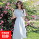 夏季新款V領(lǐng)氣質(zhì)a字中長(zhǎng)款裙子法式收腰顯瘦連衣裙6788 藍(lán)色 M 【100-110斤】