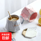 杯子ins 高顏值馬克杯情侶款杯子喝水杯家用杯子陶瓷帶蓋勺石紋杯 灰色杯+蓋+勺1個(gè)400ml