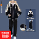 棒球服外套男休閑運動(dòng)套裝春秋季百搭一套寬松學(xué)生連帽夾克衛衣男 黑色 L 體重 105-120斤