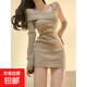 純欲辣妹包臀裙秋冬女內搭斜肩針織毛衣修身收腰短款長(cháng)袖連衣裙 卡其色 均碼