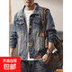 2025春秋美式高端牛仔外套男潮牌工裝夾克水洗百搭外穿休閑牛仔衣 藍色 XL