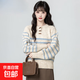 復古牛角扣毛衣女秋冬2025秋季新款設計感撞色條紋圓領(lǐng)毛衣女上衣 米白色 M 適合100-115斤