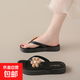 2025新款拖鞋女夏時(shí)尚外穿百搭海邊夾腳沙灘涼拖鞋花朵厚底人字拖 黑色 38-39