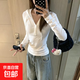 美式辣妹半開(kāi)V領(lǐng)紐扣連帽棉質(zhì)長(cháng)袖t恤女春秋白色修身短款上衣HSH 1108白色 XL 【建議110-120斤】