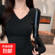 純欲風(fēng)辣妹V領(lǐng)長(cháng)袖t恤女秋冬新款加絨加厚修身顯瘦內搭上衣潮RNMY 黑色 【單件裝】 XL 推薦116-125斤