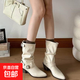 高跟靴子短靴女2025秋冬季新款復古中筒騎士靴絨面磨砂西部牛仔靴 米白色 37