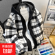 小香風(fēng)黑白格子毛呢外套男同款春秋季假兩件大衣韓版連帽夾克褂子 黑色 2XL 建議140-160