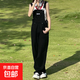 減齡氣質(zhì)設計感黑色牛仔背帶褲女寬松秋冬大碼洋氣顯瘦吊帶連體褲 黑色 S碼（建議80-95斤）