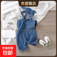 寶寶牛仔外穿春秋兒童女童連體洋氣連體衣韓版背帶褲小童無袖褲子 寶藍色 帶帽連體牛仔背帶褲 100 (28-35斤）