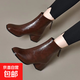 2026新款軟皮中跟粗跟軟底女方頭短靴春秋季皮鞋加絨英倫風(fēng)馬丁靴 棕色加絨 38