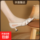 真皮淺口尖頭單鞋2025新款高跟外穿配裙子細跟魚(yú)嘴涼鞋女夏季女鞋 米白色【低跟】 37