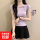 薄荷綠蝴蝶結短袖上衣女夏日2025新款多巴胺掐腰獨特漂亮短款T恤 紫色 均碼 建議80-130斤