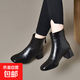 品牌真皮中跟粗跟軟底短靴女2025秋冬款方頭皮鞋加絨英倫風(fēng)馬丁靴 黑色【薄絨】 37