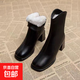 品牌鞋真軟皮白色高跟短靴2025秋冬新款粗跟馬丁靴方頭彈力瘦瘦靴 黑色加棉 39
