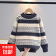 男童毛衣套頭秋冬款兒童加絨加厚保暖衣中大童男孩毛線(xiàn)衣洋氣毛衫 黑色波浪條紋(加絨) 160 cm