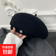 新款貝雷帽羊毛呢帽子女秋高級感大頭圍秋冬針織帽八角帽帽子女款 黑色 56-58cm