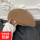 新款貝雷帽羊毛呢帽子女秋高級感大頭圍秋冬針織帽八角帽帽子女款 卡其 56-58cm