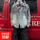 美式重工鉚釘牛仔外套男女bf設計感小眾寬松廓形做舊夾克上衣水洗 藍色 常規 高品質(zhì) XL 建議125-140斤