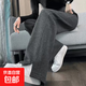 秋冬新款人字紋闊腿褲女高腰寬松單開(kāi)叉窄版毛呢直筒褲毛呢褲子 加絨-深灰色-常規款 L 【建議體重120-135斤】
