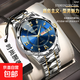 商務(wù)手表男鋼帶雙日歷鑲鉆羅馬刻度表盤(pán)時(shí)尚輕奢精準走時(shí)禮盒裝 銀帶藍面【含禮盒+調表器】合金