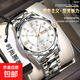 商務(wù)手表男鋼帶雙日歷鑲鉆羅馬刻度表盤(pán)時(shí)尚輕奢精準走時(shí)禮盒裝 銀帶白面【含禮盒+調表器】合金