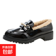 黑色加絨樂(lè )福鞋女冬季新款棉鞋復古厚底毛絨單鞋軟皮英倫風(fēng)小皮鞋 漆皮黑 40