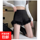 毛毛拼接白色休閑短褲女秋冬季高腰緊身直筒褲子a字包臀打底熱褲 黑色 M