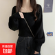 法式小眾方領(lǐng)毛衣女內搭秋冬別致短款燈籠袖上衣方領(lǐng)針織打底衫女 493黑色 均碼