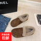 2025冬季新款復古加絨圓頭平底一腳蹬保暖豆豆鞋女磨砂羊羔毛棉鞋 棕色 38