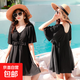 大碼泳衣女士泡溫泉游泳寬松胖妹妹純色連體裙式遮肉顯瘦度假泳裝 黑色 均 碼（120-160斤）