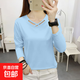 V領(lǐng)長(cháng)袖t恤女秋裝2026新款休閑顯瘦百搭體恤修身打底衫女上衣8902 藍色 M
