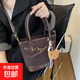 高顏值高級手提小包女式新款單肩復古斜挎包通勤磨砂水桶外出包包 棕色單包