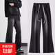 松緊腰抽繩微喇牛仔褲男款美式cleanfit褲子直筒修身高街休閑褲潮 黑磨白 S