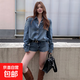 大碼減齡氣質(zhì)襯衫牛仔套裝女秋冬寬松百搭短褲連體衣褲兩件套胖mm 藍色牛仔短褲單件 M