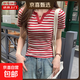 bm風(fēng)美式復古紅色正肩條紋短袖T恤女夏季v領(lǐng)修身短款上衣RL#A016# A016#紅灰色 M 【96斤以下】