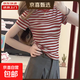 正肩短款港味復古條紋短袖t恤女夏季小眾韓版顯瘦設計感RL#A017# A017#紅灰色 L 【97-110斤】